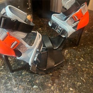 Steve Madden stiletto heeled sandals in black, orange & blue